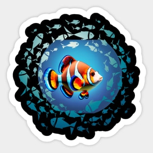 funny clownfish in a blue water circle Sticker